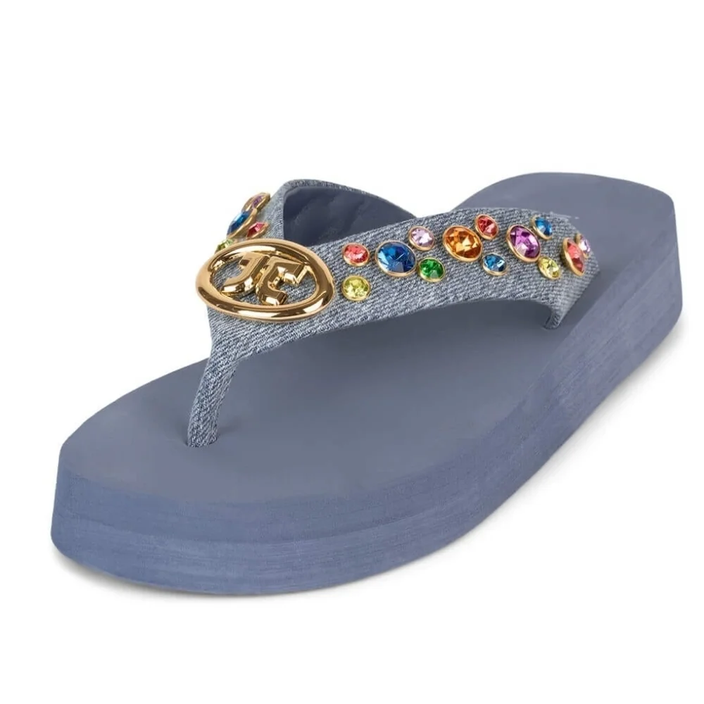 Jeffrey Campbell ICONICS Flip Flop In Blue Denim Multi Color Gemstones Size 9 - Picture 1 of 10